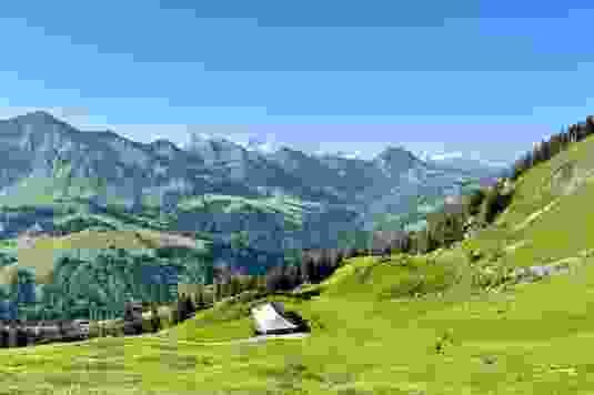 Im Süden sieht man hinter der grünen Bergkette, die sich vom Tannhorn (links) bis zum Augstmatthorn erstreckt, die schneebedeckten Alpen.