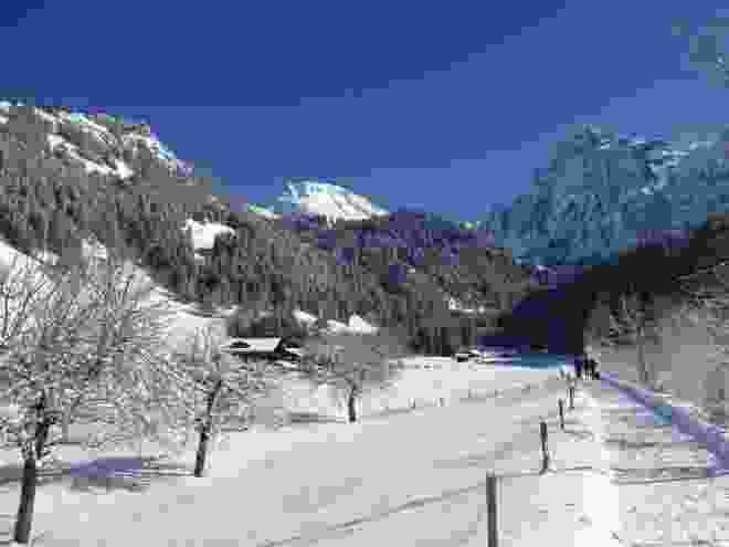 Auf dem Simme-Uferweg, Blick taleinwärts zum Wildstrubel.