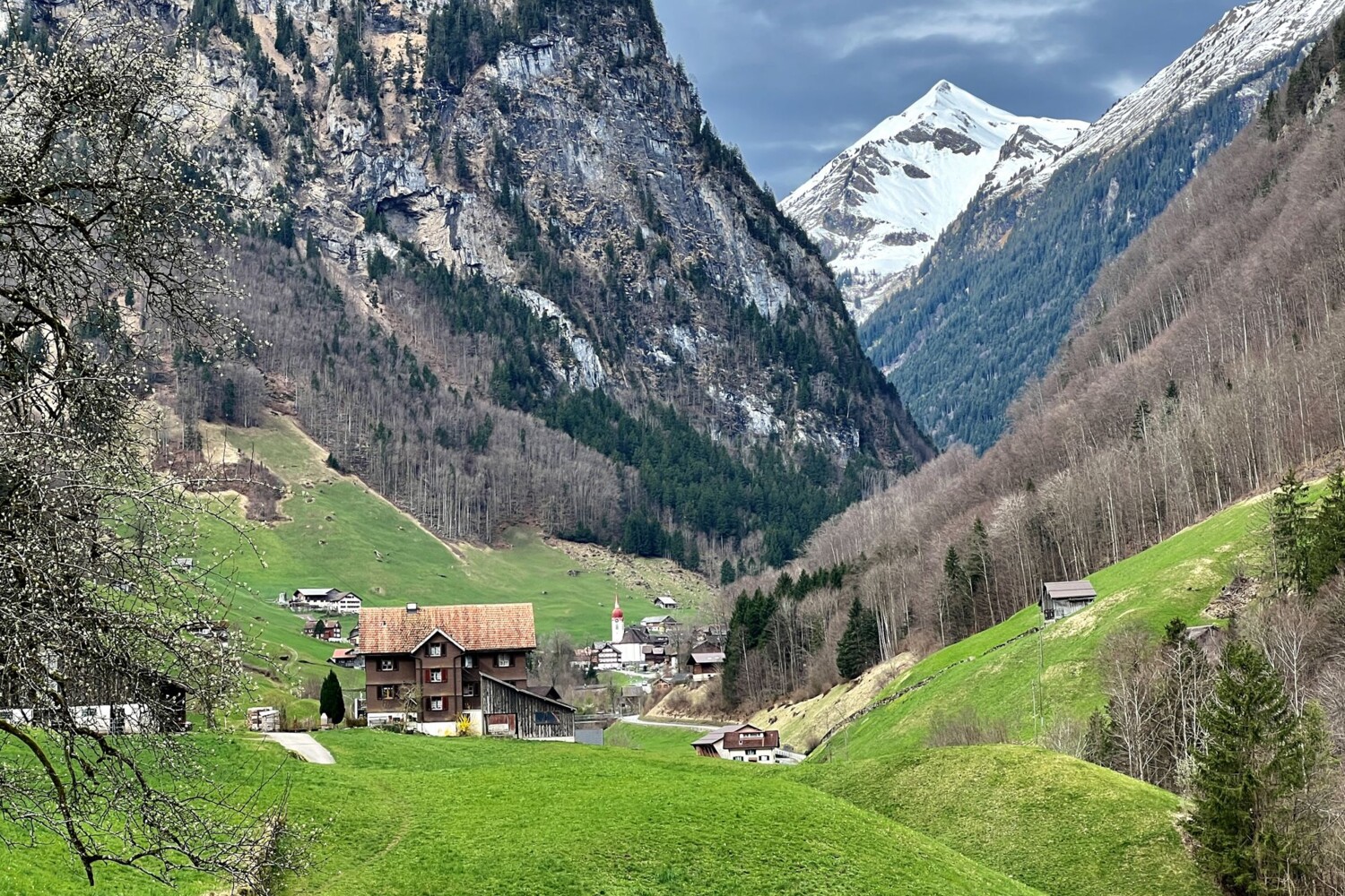 Blick auf das Dorf Isenthal, mit dem schneebedeckten Risetenstock im Hintergrund.