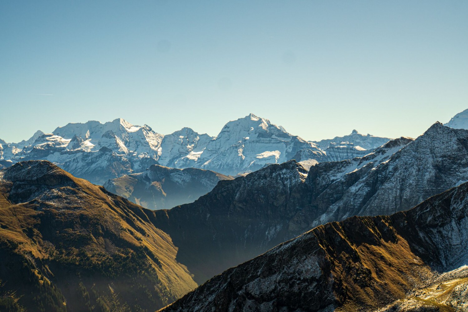 Spätsommerlicher Schneefall hat die Berggipfel leicht angezuckert, Blüemlisalp und Doldenhorn im Hintergrund.