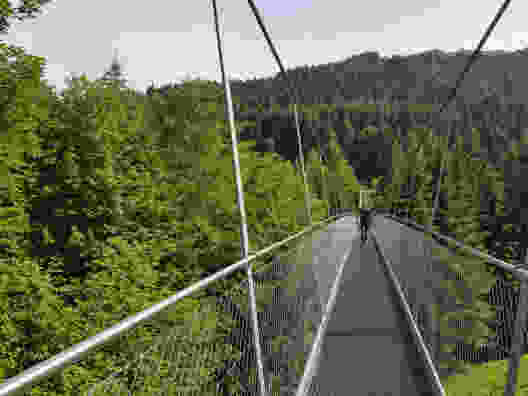 Un dernier plaisir – ou une dernière frayeur – en fin de randonnée: le pont suspendu enjambant l’Avançon. Photo: Patricia Michaud