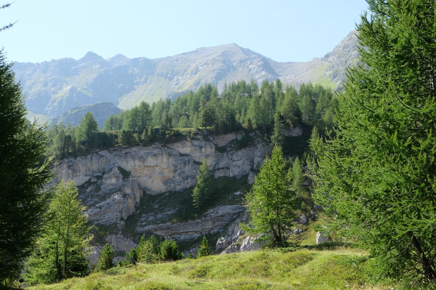 Le chemin surplombe nettement la gorge du Ri di Larècc. Les arbres sont encore présents.
